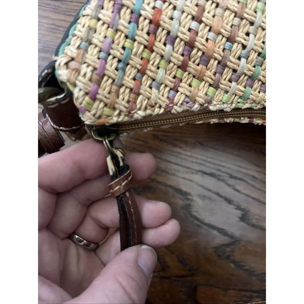 Fossil Straw Woven Hobo Bag Multicolor Leather Trim Summer Boho Purse